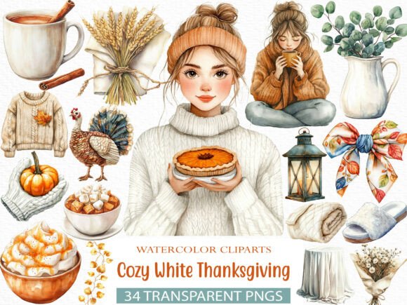 Cozy White Thanksgiving Clipart: A Stylish Touch for Holiday Design Projects