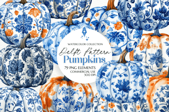 Delft Pattern Pumpkin Clipart Floral PNG: Elevating Fall Design with Vintage Charm