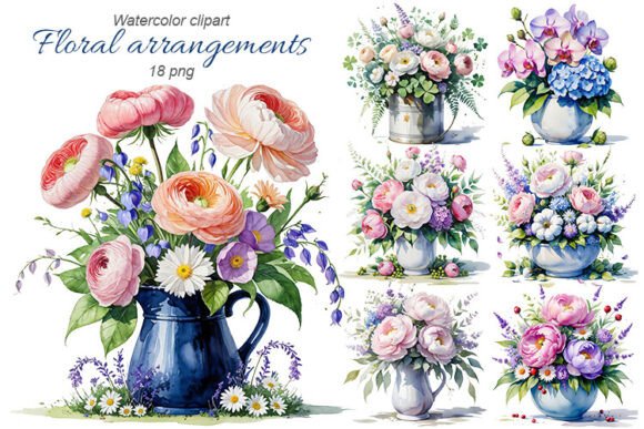Flower Arrangements in Vases Set: 18 PNG Files for Creative Design Projects