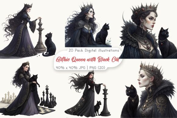 Gothic Queen with Black Cat Clipart: A Versatile Design for Creative Projects