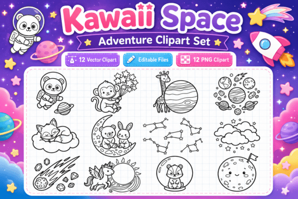 Kawaii Space Adventure Clipart Set: Enhancing Creative Workflows with Adorable Design Assets