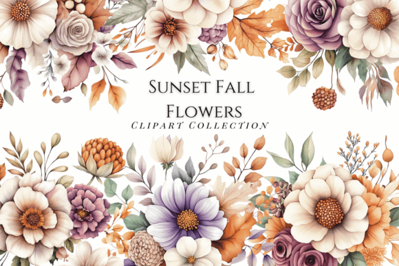 Sunset Fall Flowers Clipart Collection: Elevate Autumn Designs with Elegant Floral Graphics